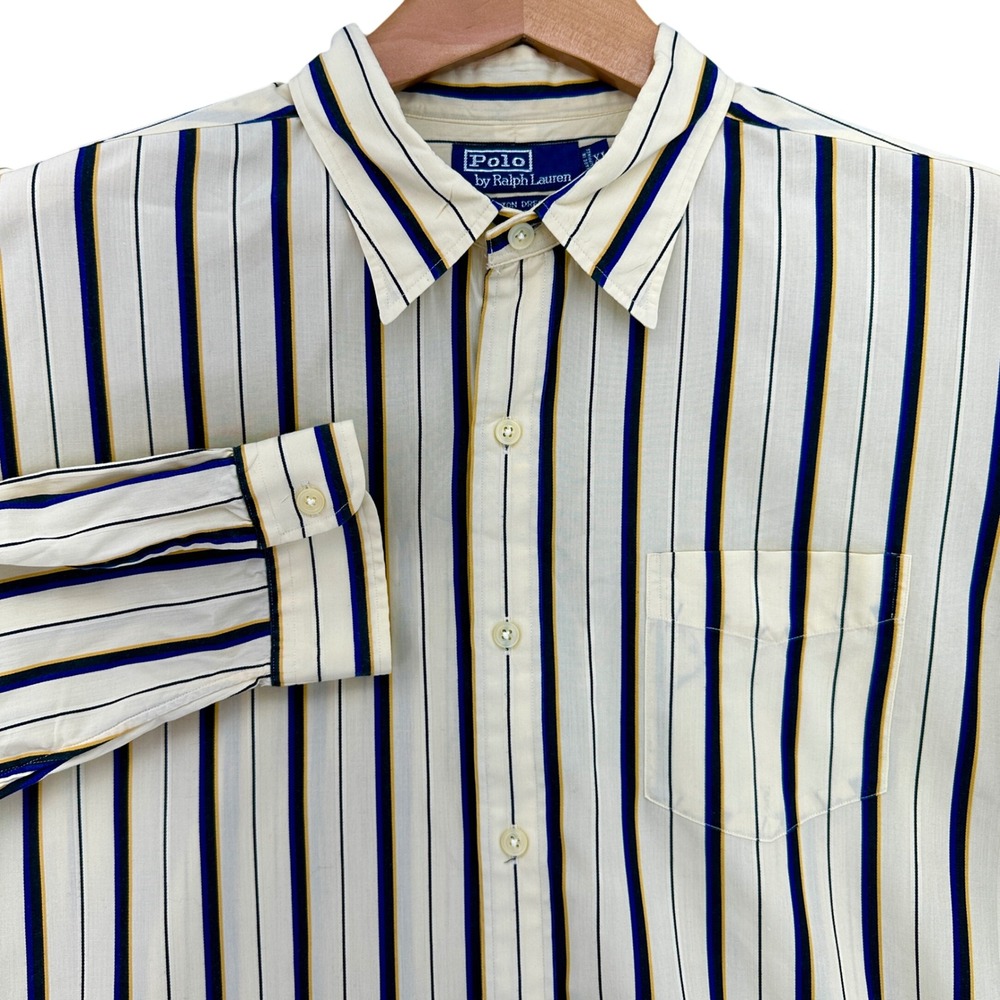 VTG Polo Ralph Lauren Merton Dress Shirt XL Off White Striped Long Sleeve Button